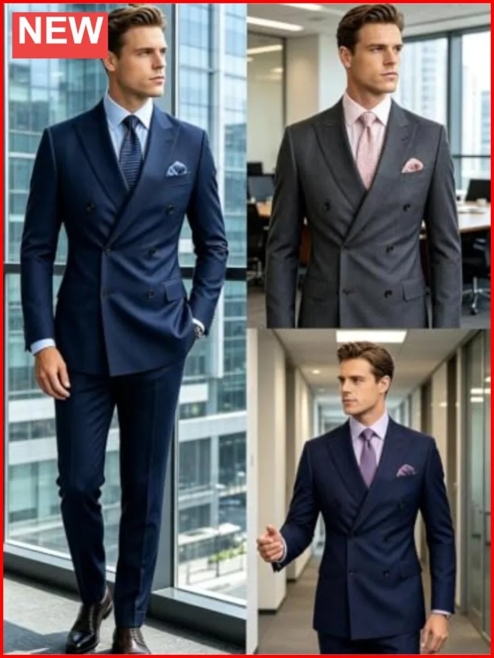 Men's 2 Piece Double Breasted Suit Set Slim Fit Blazer & Pants Formal